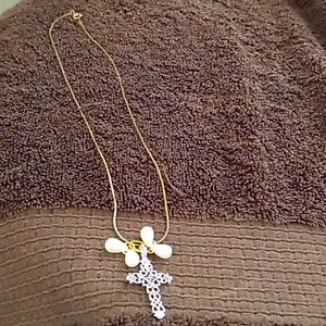Cross and simulated pearl chain necklace
